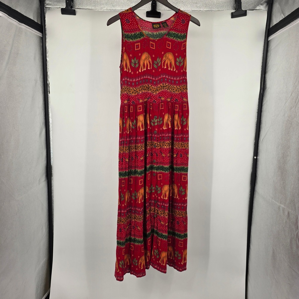 Bila Red Elephant Animal Print Rayon Sleeveless Maxi Dress L Boho Button Front